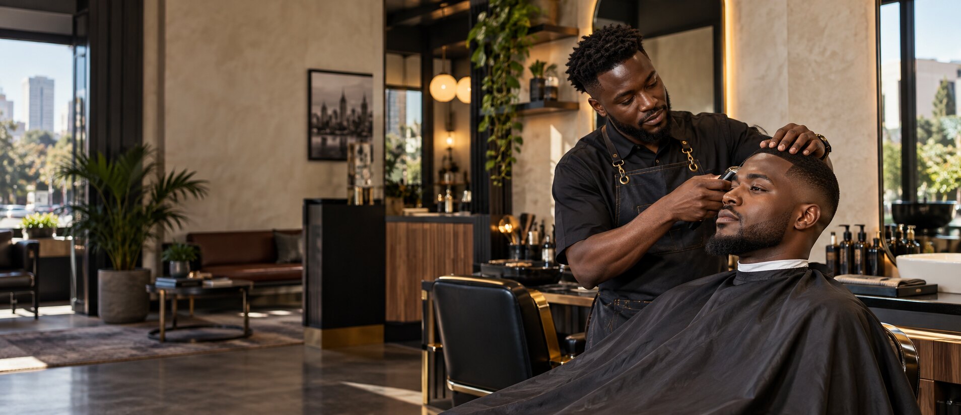 A Groomr barber finishing a client's haircut in a modern barbershop